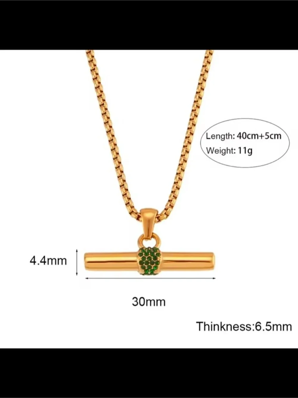 Gold Bar Pendant Necklace with Green Accent
